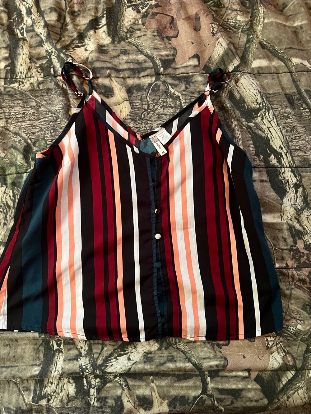 Japna Multi-Stripe Button-Front Cami in Burgundy, Navy, Cream, Pink & Orange.